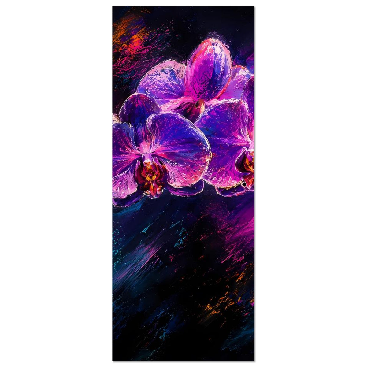 Vertikales Blumenposter mit violettrosa Orchideenblüten und farbigen Farbwirbeln