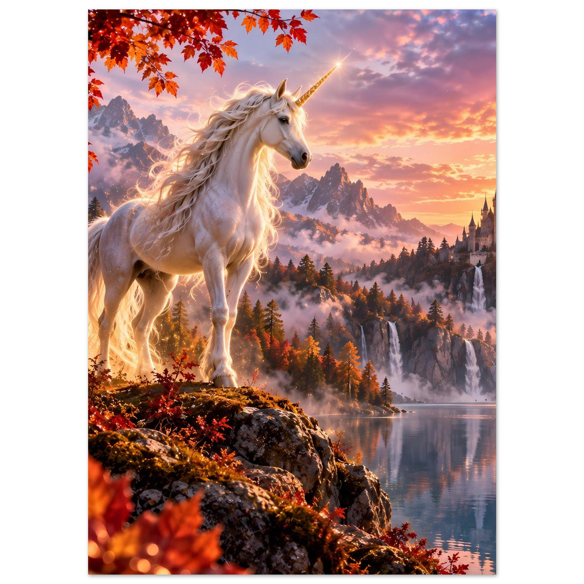 Einhorn-Fantasy-Poster (Hochformat) mit weißem Einhorn über See und herbstlichem Ufer
