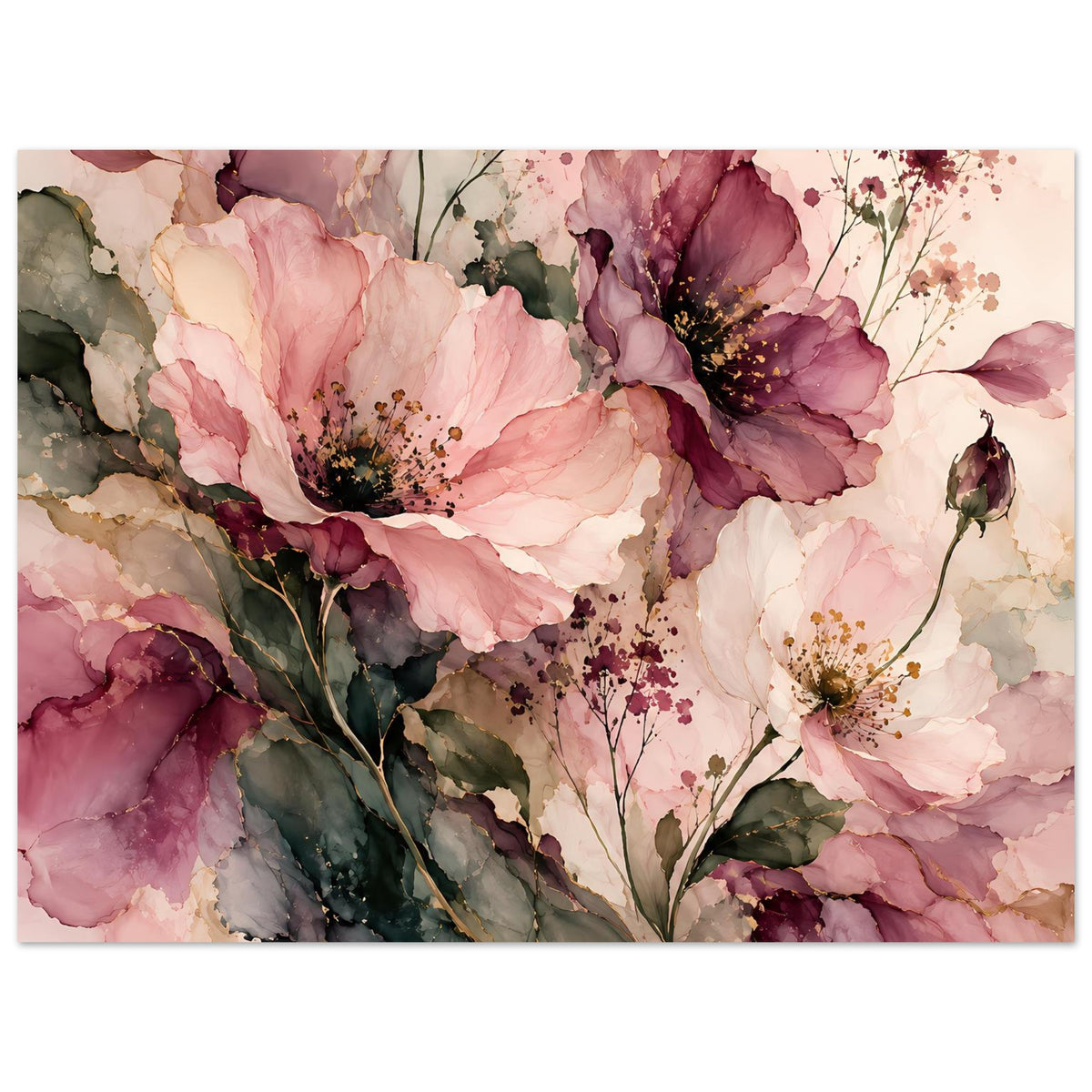 Breites Blumenposter: rosa und burgunderrote Blüten mit dunklen Staubdetails und grünen Blättern.