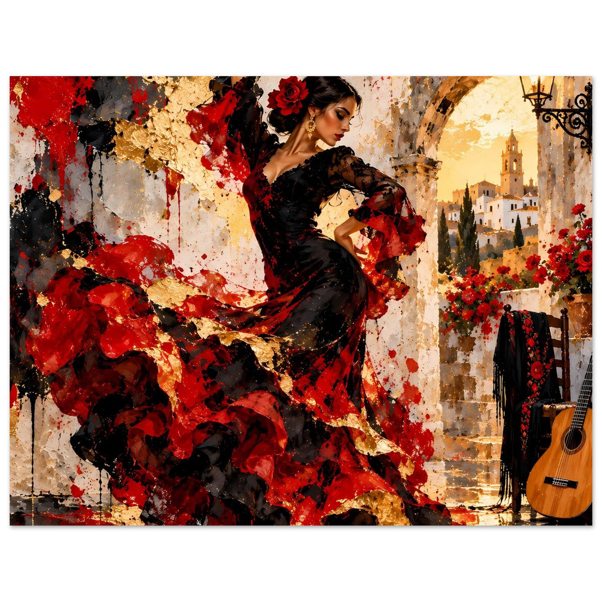 Flamenco-Tänzerin im schwarzen Kleid mit roten Akzenten, Gitarre und Laterne im Bild.