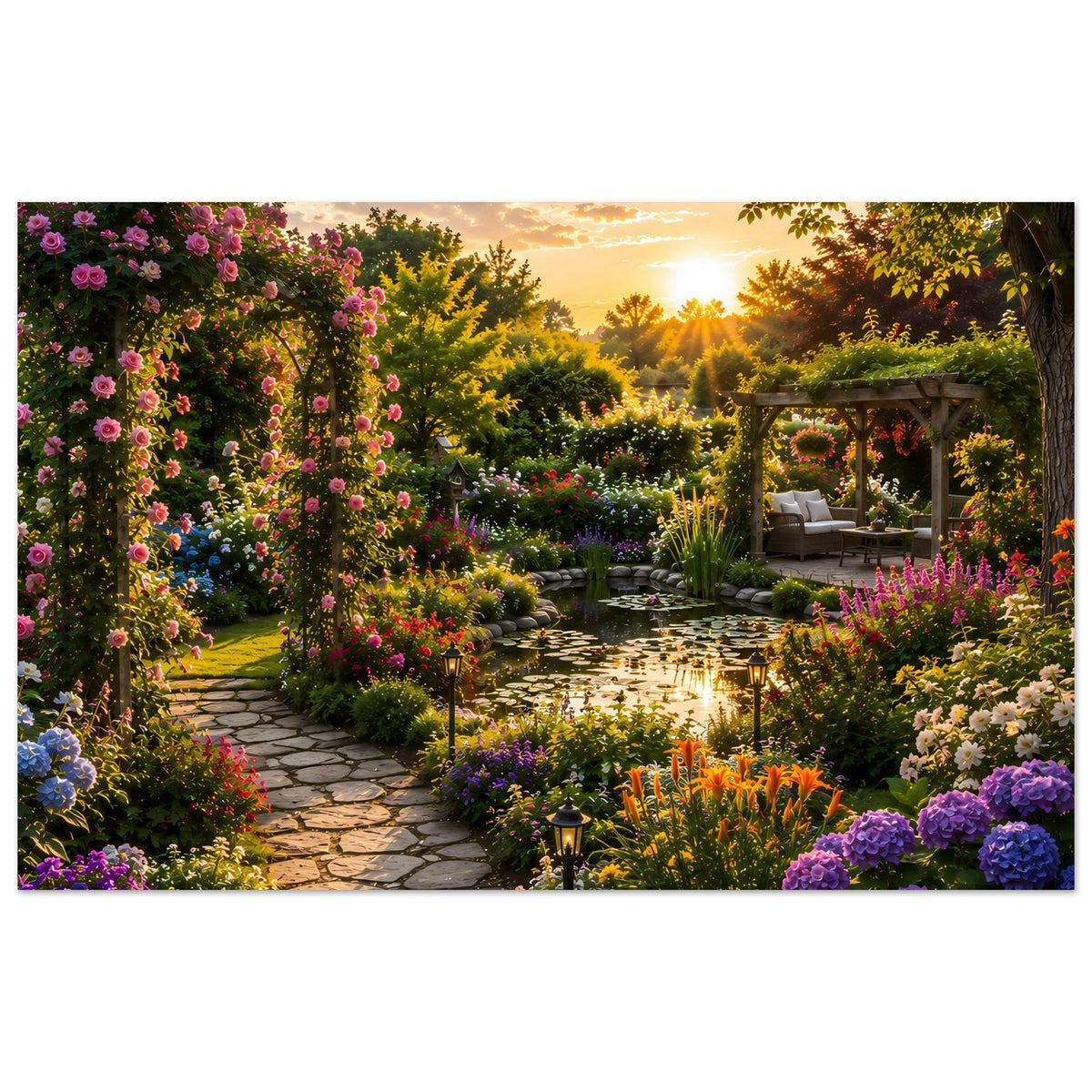 Gartenposter mit Blumenbeeten, Kopfsteinweg und Pergola mit Sonnenuntergang