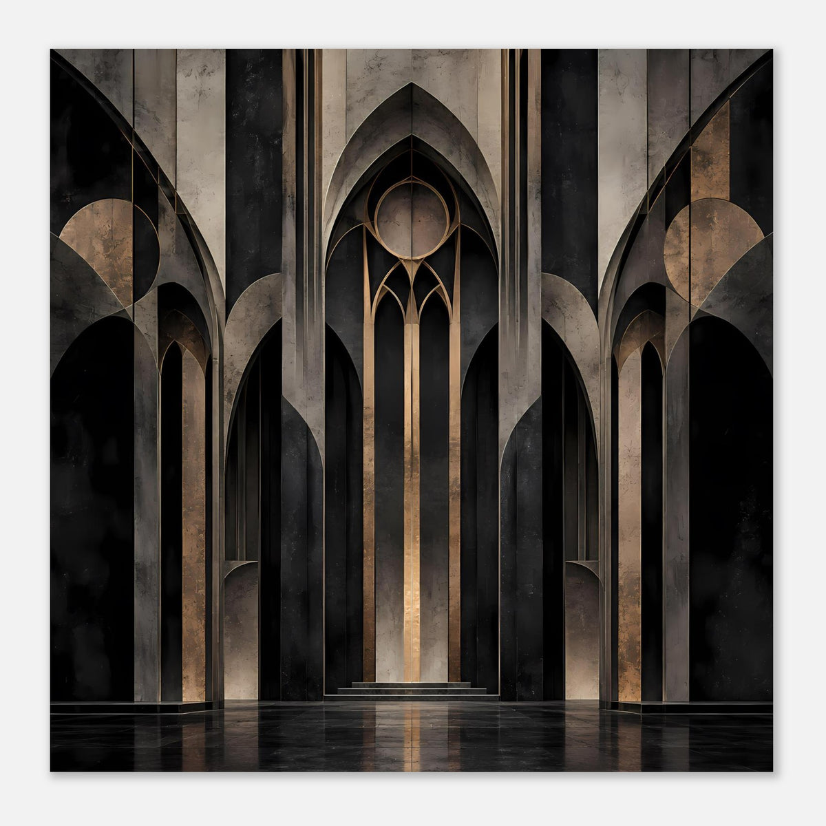 Poster mit gotischer Kathedralfassade, hohe Bögen und dunkle Seitenarkaden
