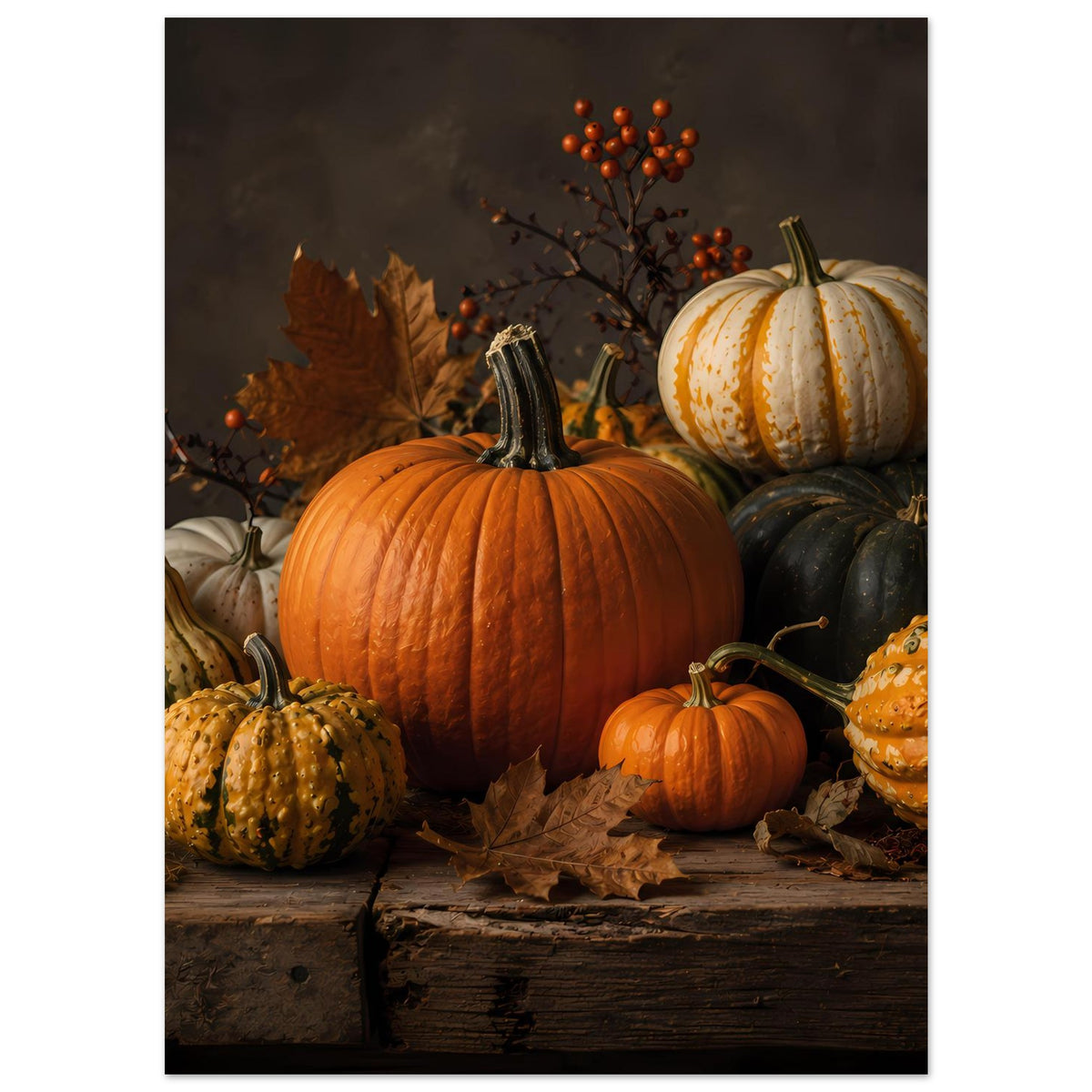 Herbstliche Kürbis-Komposition auf Poster: großer orangefarbener Kürbis, gestreifter weißer Kürbis, kleine Kürbisse