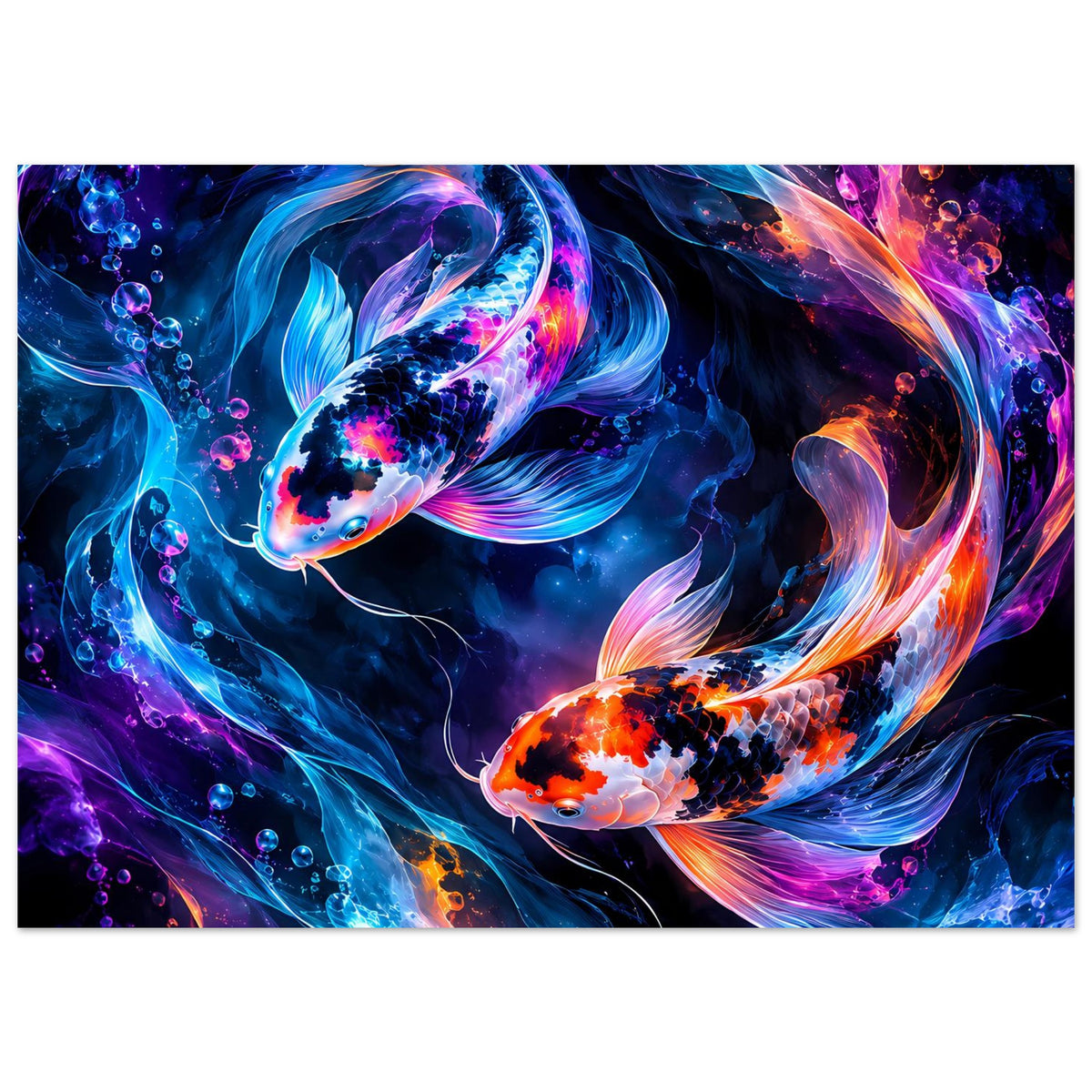 Querformat-Poster mit zwei leuchtenden Koi, orange-blauem Glow und spiralförmigen Strömungen