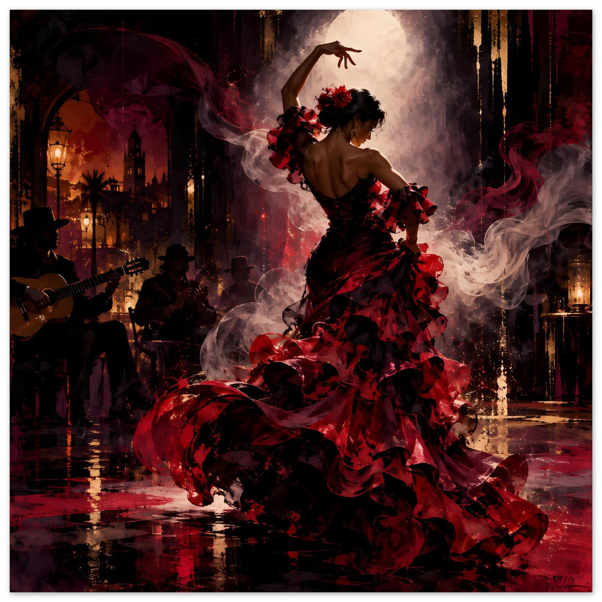 Flamenco-Passion Poster: Tänzerin im schwarzen und roten Fächerkleid mit Blumen im Haar