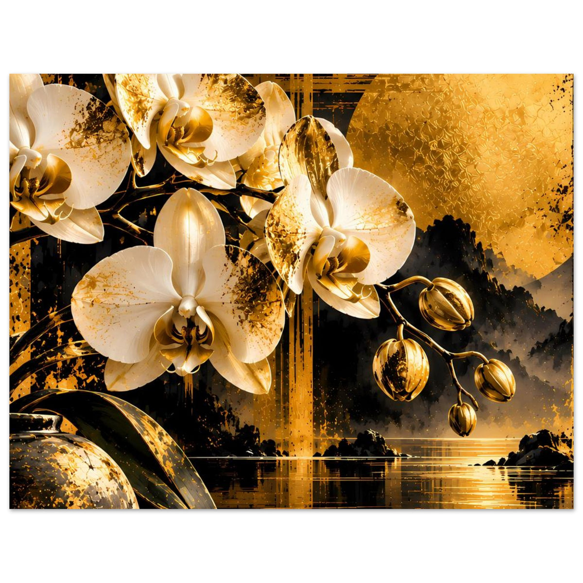 Orchideenposter quer: weiße Blüten, goldene Kapseln und leuchtende Reflexe auf Wasserlinie