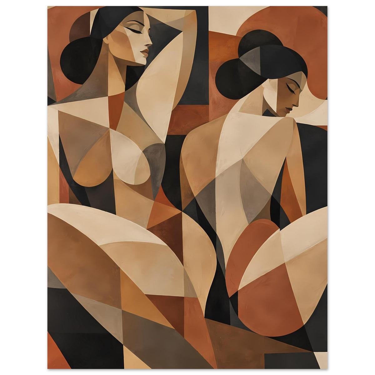Abstraktes Poster mit Frauenfiguren, ocker-beige und schwarze Flächen, mittig zugeschnitten
