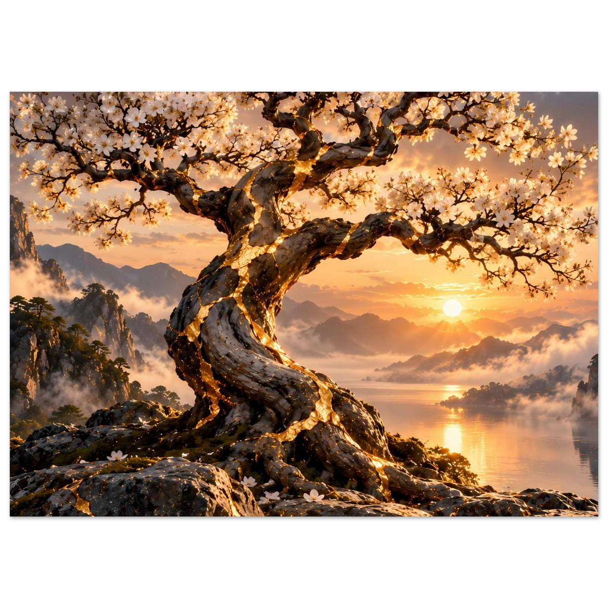 Querformat-Poster: blütenreicher Baum über Küstenfelsen, warmes Licht und Wasser im Hintergrund