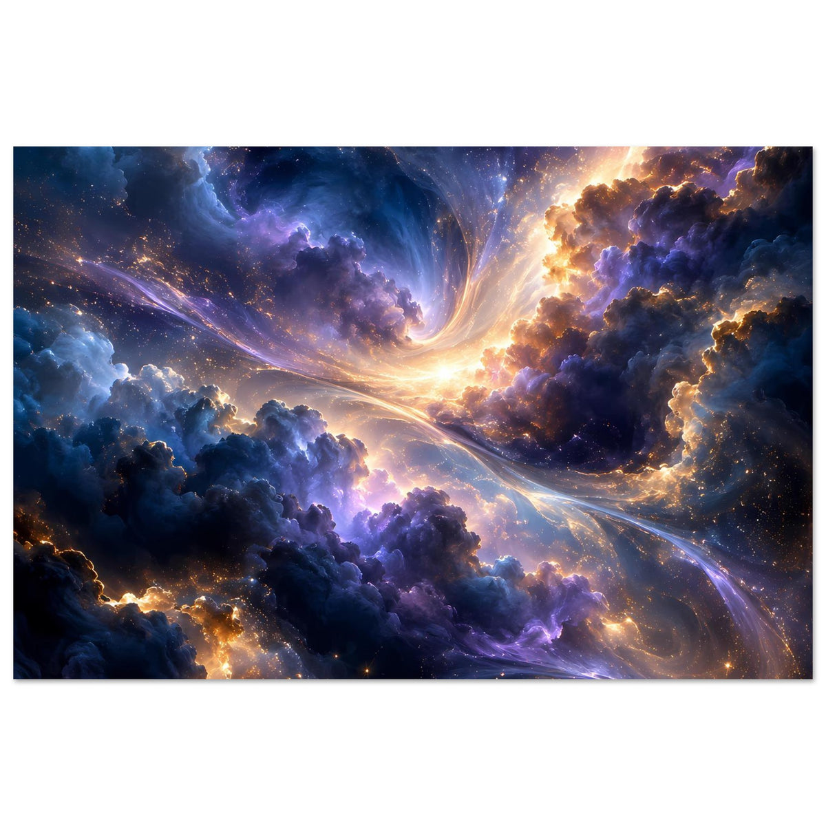 Galaxieposter im Querformat mit schwarzem Rand, leuchtende Wolkenformationen und Sternenstrahlen