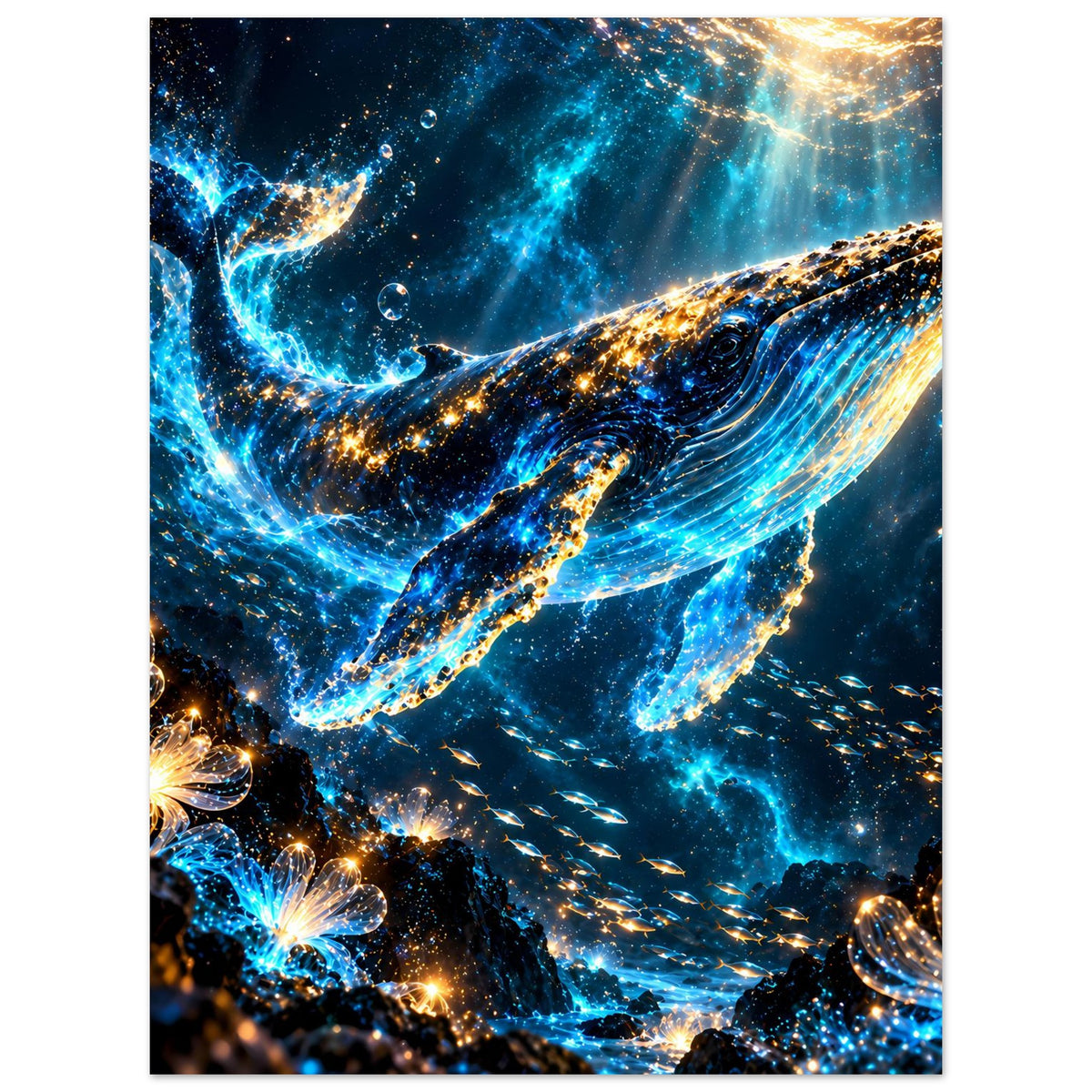Wandposter mit leuchtenden Walen, energiereichen Lichtlinien und blauen Wellen in Gold