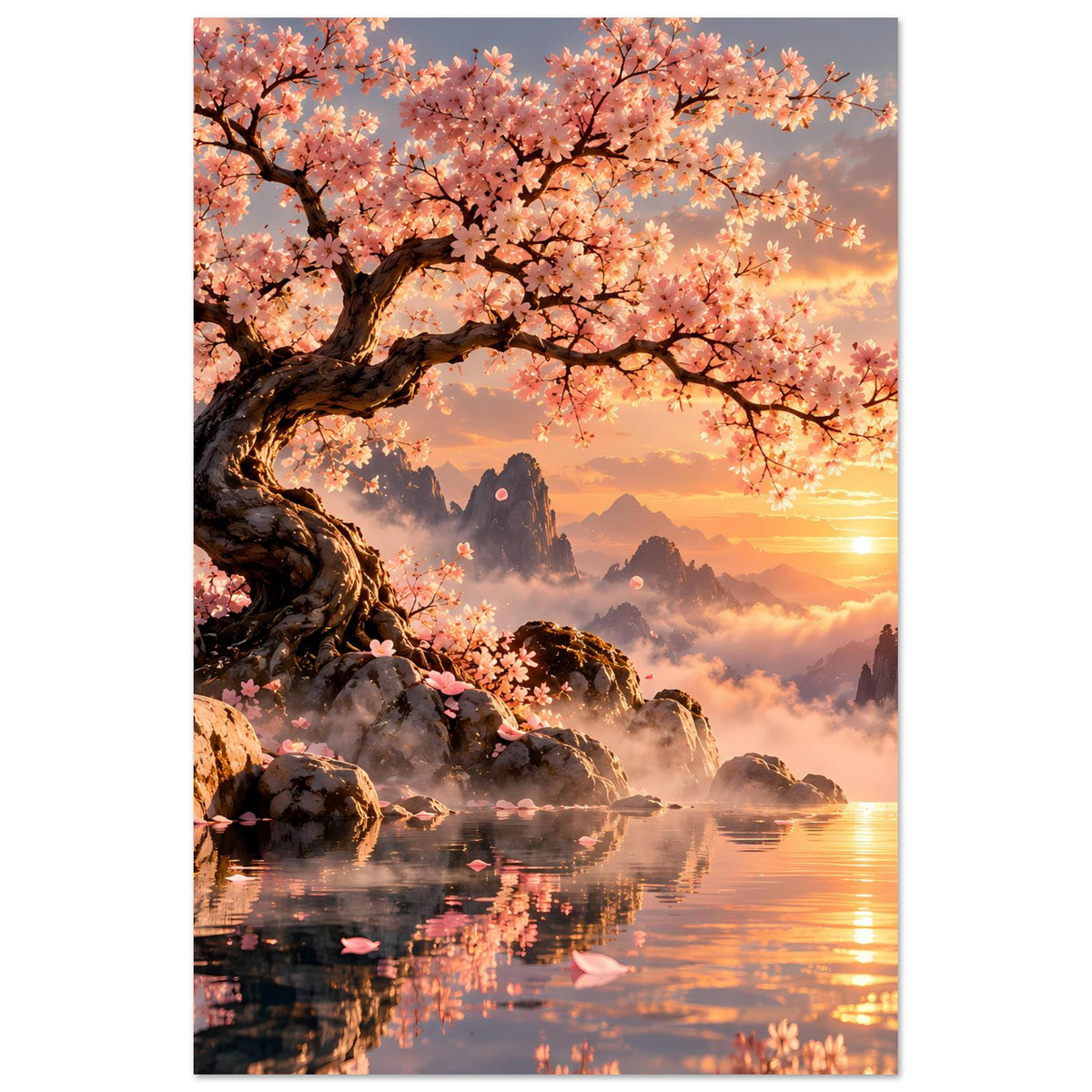 Vertikales Poster: dunkler Baumstamm mit rosa Blüten, Felsen, Nebel und Abendsonne