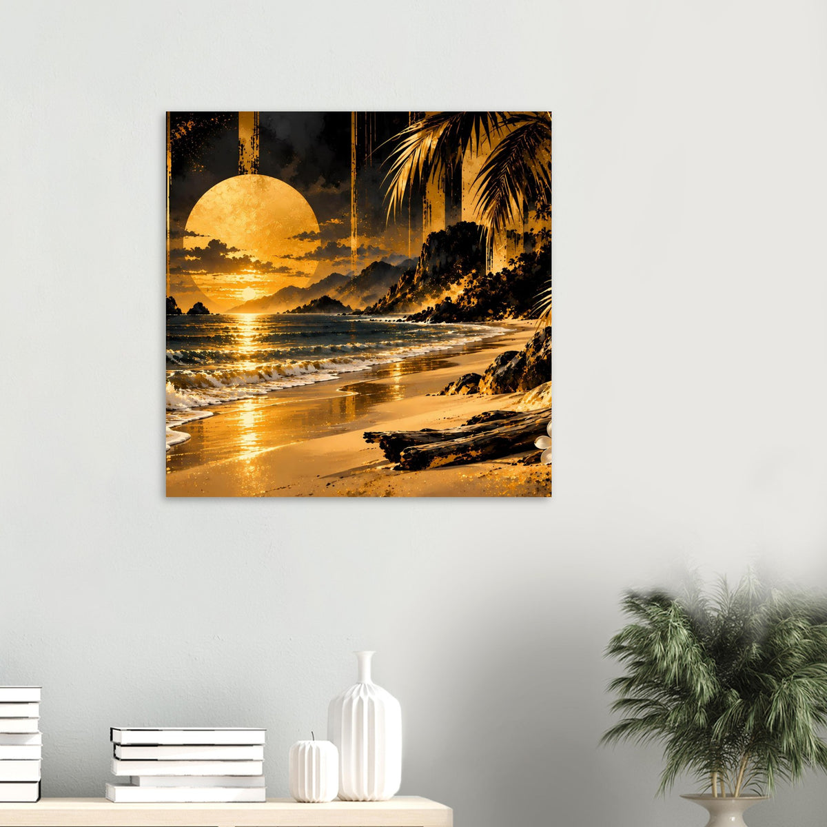 Quadratisches Strandposter mit goldenem Sonnenuntergang, Palmen und spiegelnden Wellen