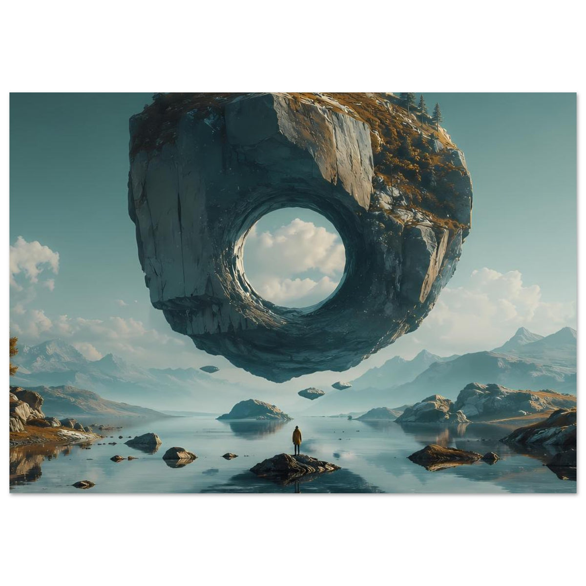 Surreales Poster, aufrechter Ausschnitt: schwebender Felsring über Wasserweg
