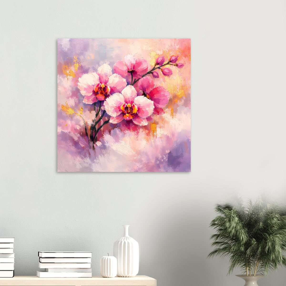 Poster mit rosa Orchideenblüten und pastellfarbenem Duftnebel, goldene Akzente
