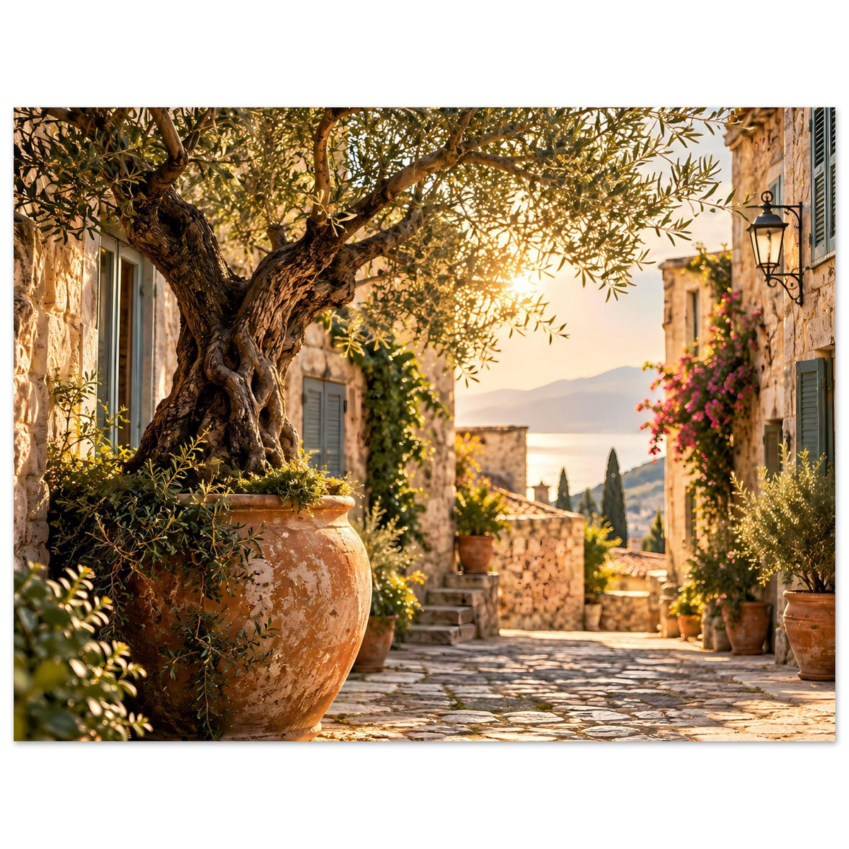 Mediterranes Poster: Olivenbaum im Vordergrund, langer gepflasterter Weg, mediterrane Häuser.