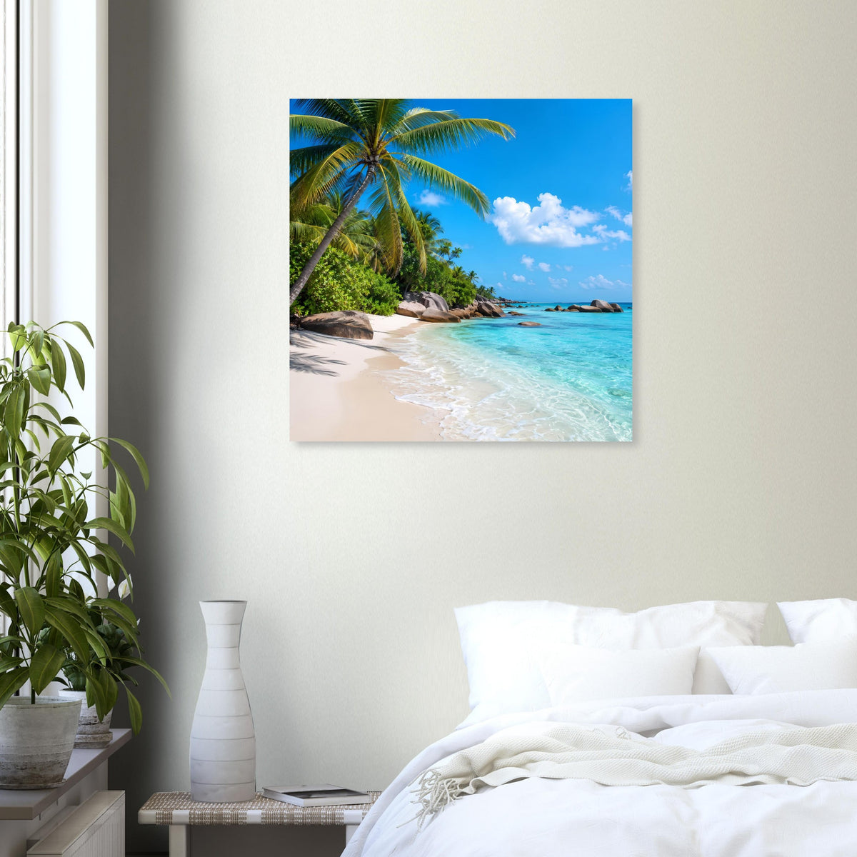 Tropisches Strand-Poster im Quadratformat mit Palmen, türkisblauem Meer und Himmel