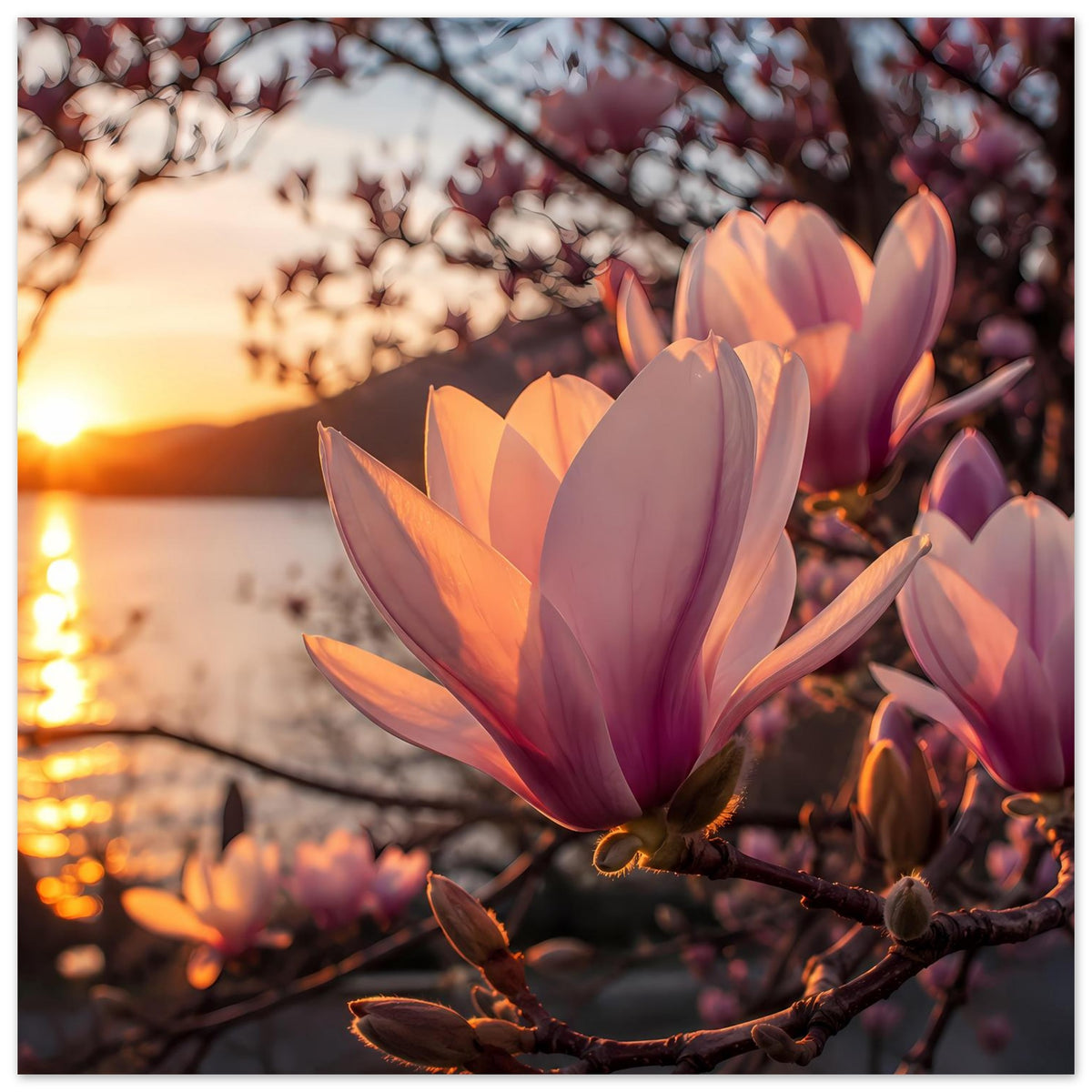 Magnolienblüten-Poster mit großen lila-rosa Blüten an dunklem Ast, mehrere Knospen im Bild