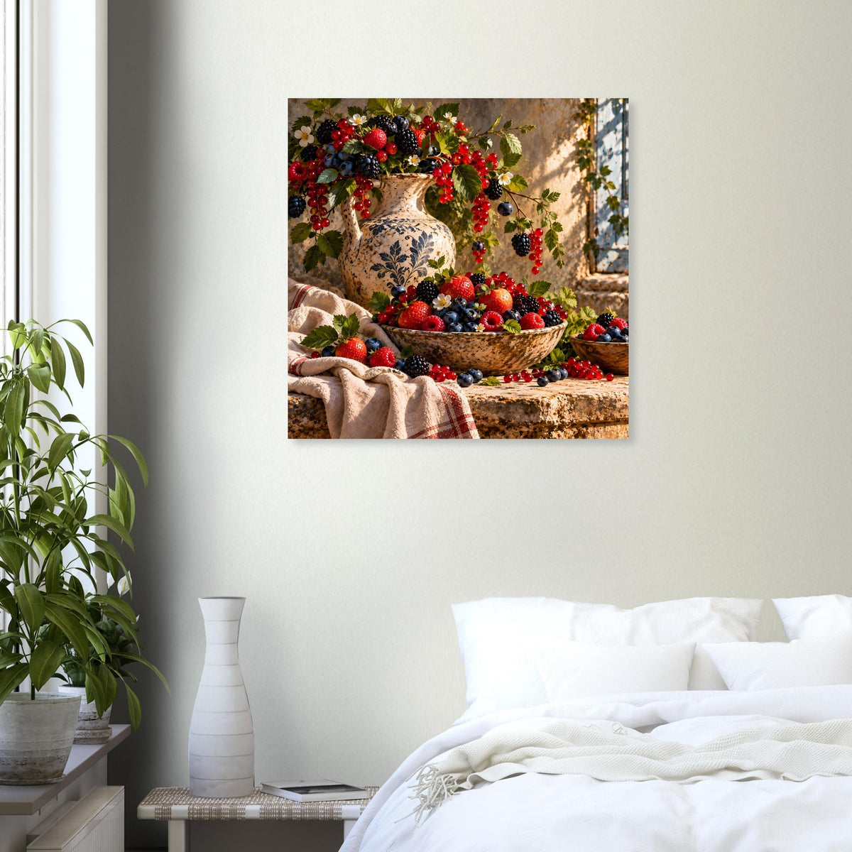 Quadratisches Poster mit Beeren und Vase im Stillleben, begleitet von Obst