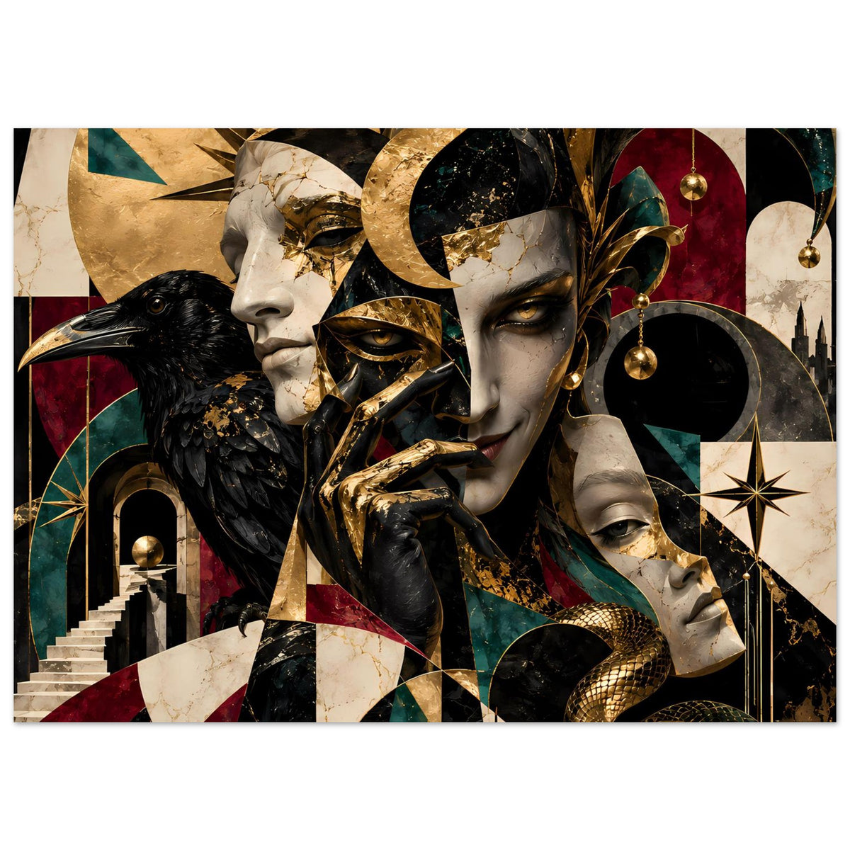 Kunstdruck-Poster mit Gesichtern, Rabe, Sternmotiv und goldenen Akzenten