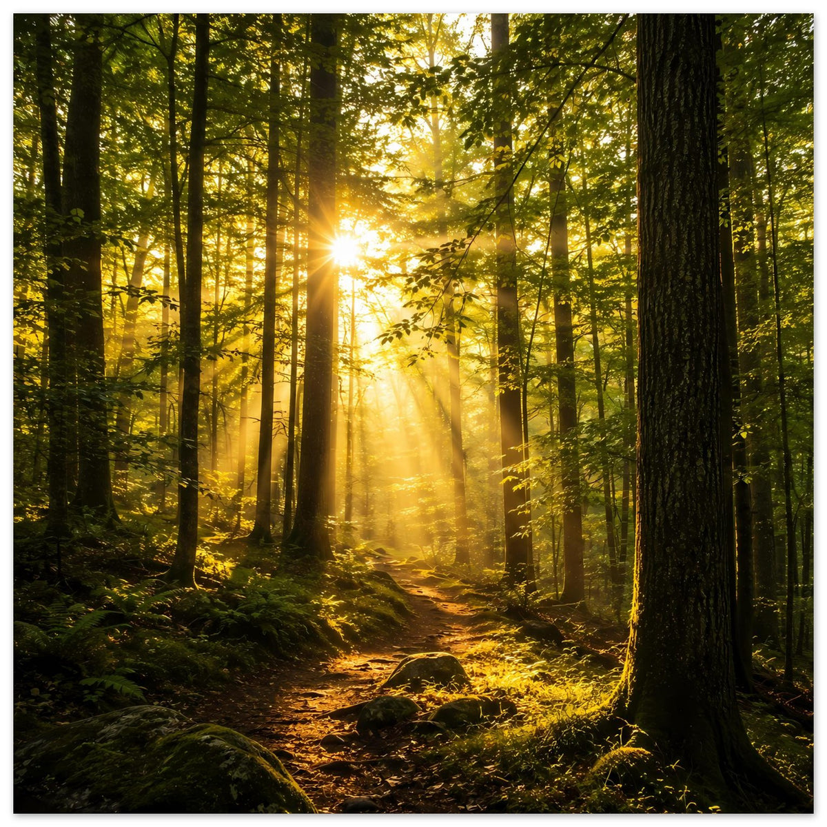 Poster mit Sonnenaufgang im Wald, goldene Strahlen über Moos und Waldweg