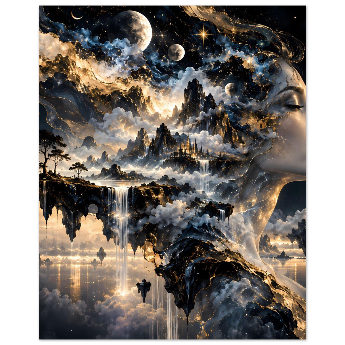 Poster mit weiblichem Kopfprofil, Planeten und Wolkenstadt in Blau-Gold
