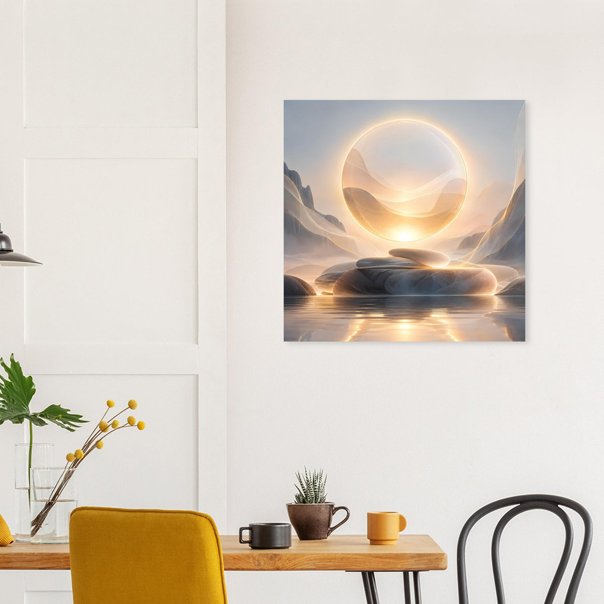 Quadratisches Poster an der Wand: abstrakter Lichtkreis über weichen Landschaftsformen