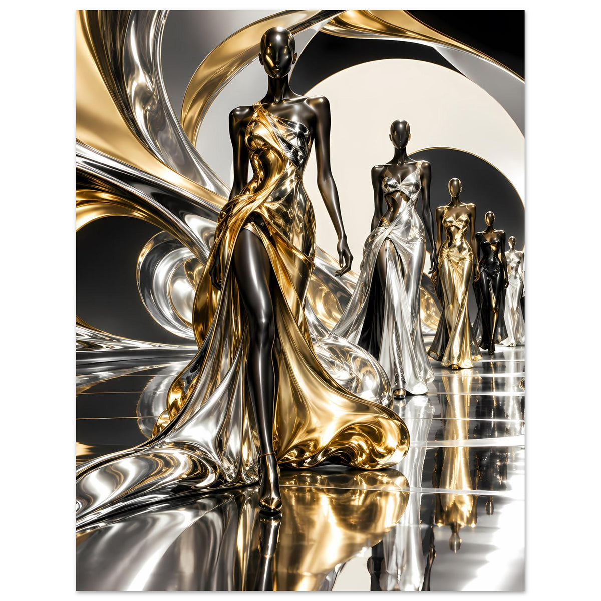 Poster: Vorderansicht mehrerer Metallfiguren in Gold, Silber und Schwarz mit Glanzreflexen