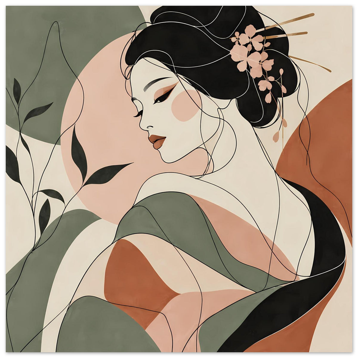 Gerahmtes Zen-Poster, Geisha im Profil mit rosa Blüten im Haar, schwarze Konturlinien und Grün