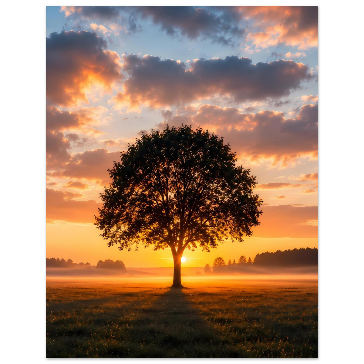 Poster mit einzelner Eiche bei Sonnenuntergang, große Krone vor orangefarbenem Himmel