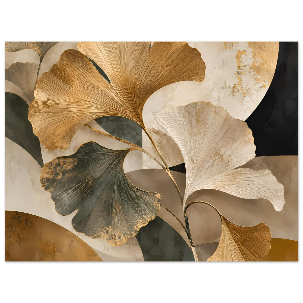 Botanisches Poster mit Ginkgo-Blättern, große goldene und cremefarbene Blattmotive