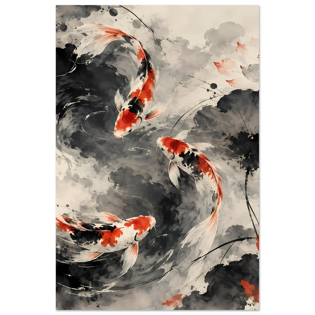 Poster mit Koi-Fischen in Schwarz und Orange im Tusche-Stil, mit abstrakten Blüten