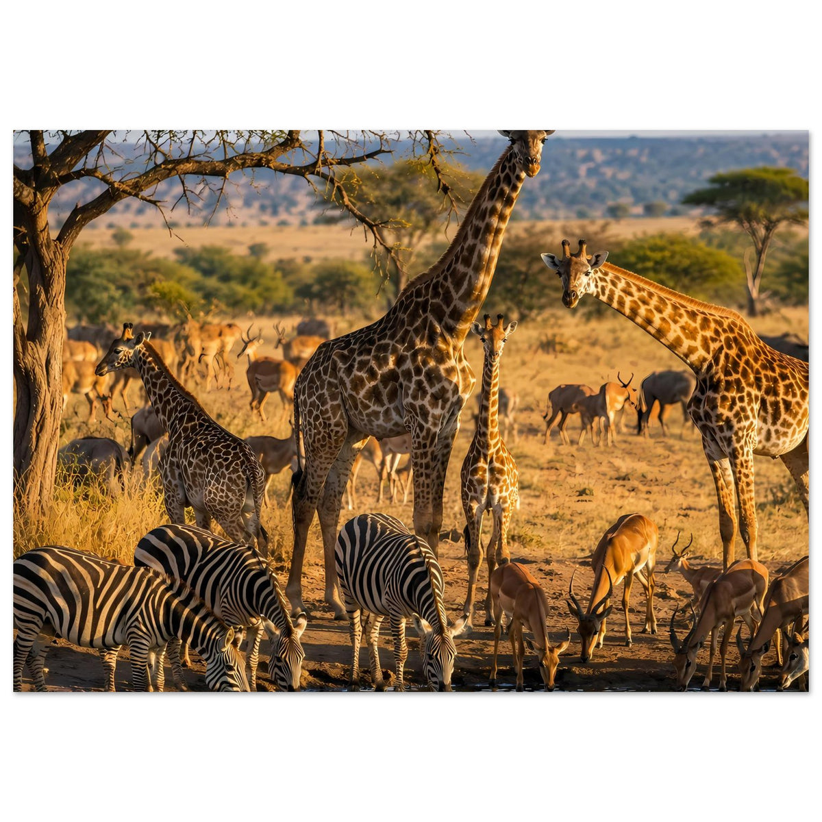 Breites Poster mit Safarimotiv: Giraffe und Zebra an einer Wasserstelle, weitere Tiere