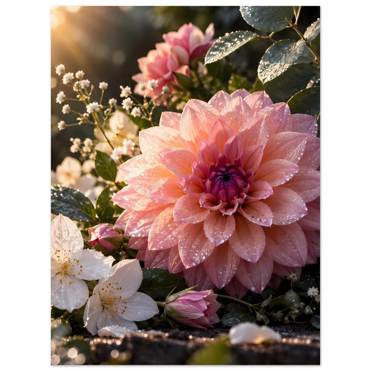 Blumenposter mit rosa Dahlie und weißen Blüten, Wassertropfen an Blättern, vertikal