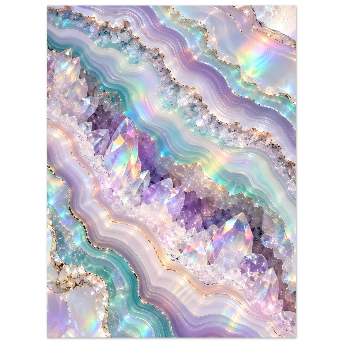 Holografisches Geode-Kristallposter, senkrecht: lilafarbene Kristalle, schimmernde Lichtreflexe