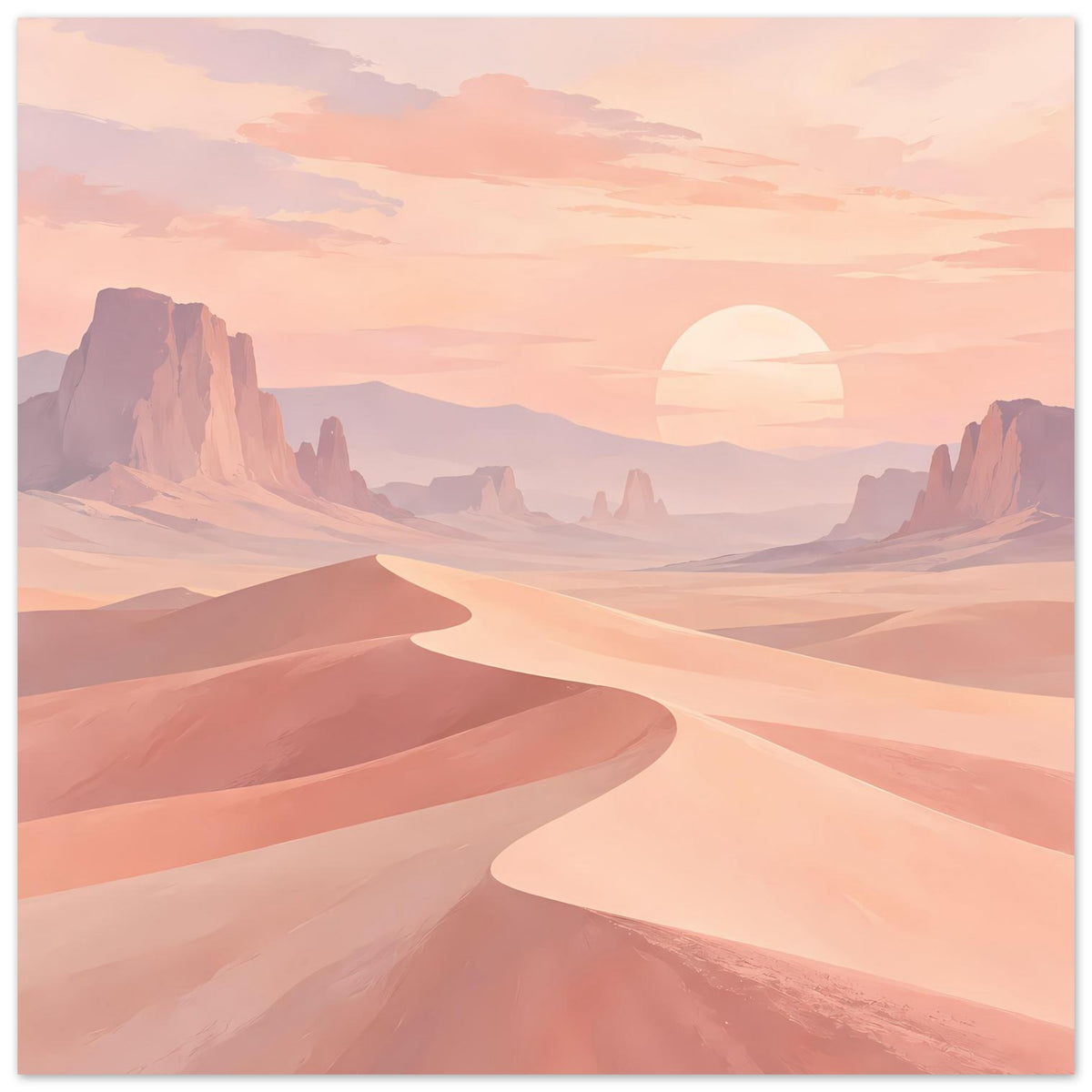 Poster mit Sanddünen, warmem Sonnenuntergang und dunklen Bergsilhouetten im Hintergrund