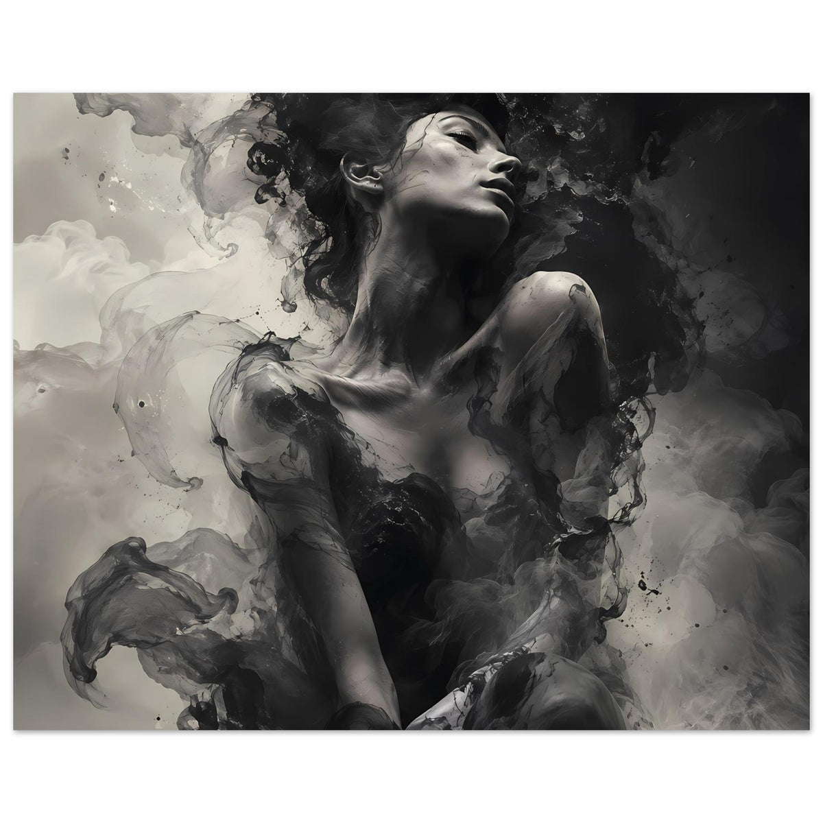 Monochromes Kunstposter mit Frauenakt und dunklen Tintenwolken, horizontal