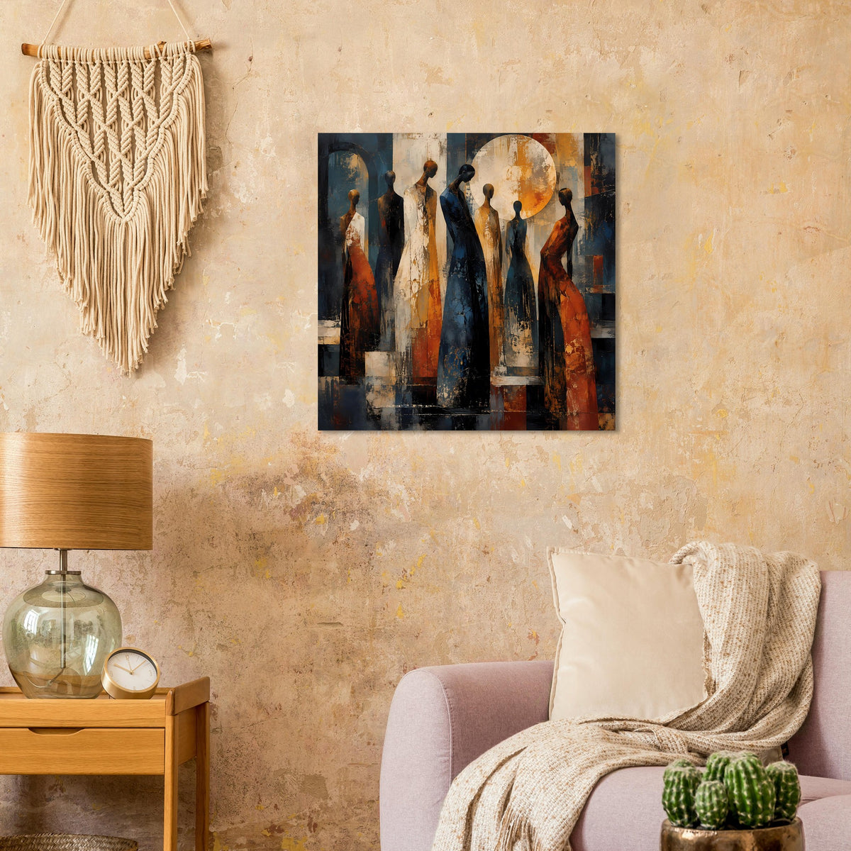 Poster mit abstrakten Figuren in warmen Tönen, quadratisch an der Wand über Sofa