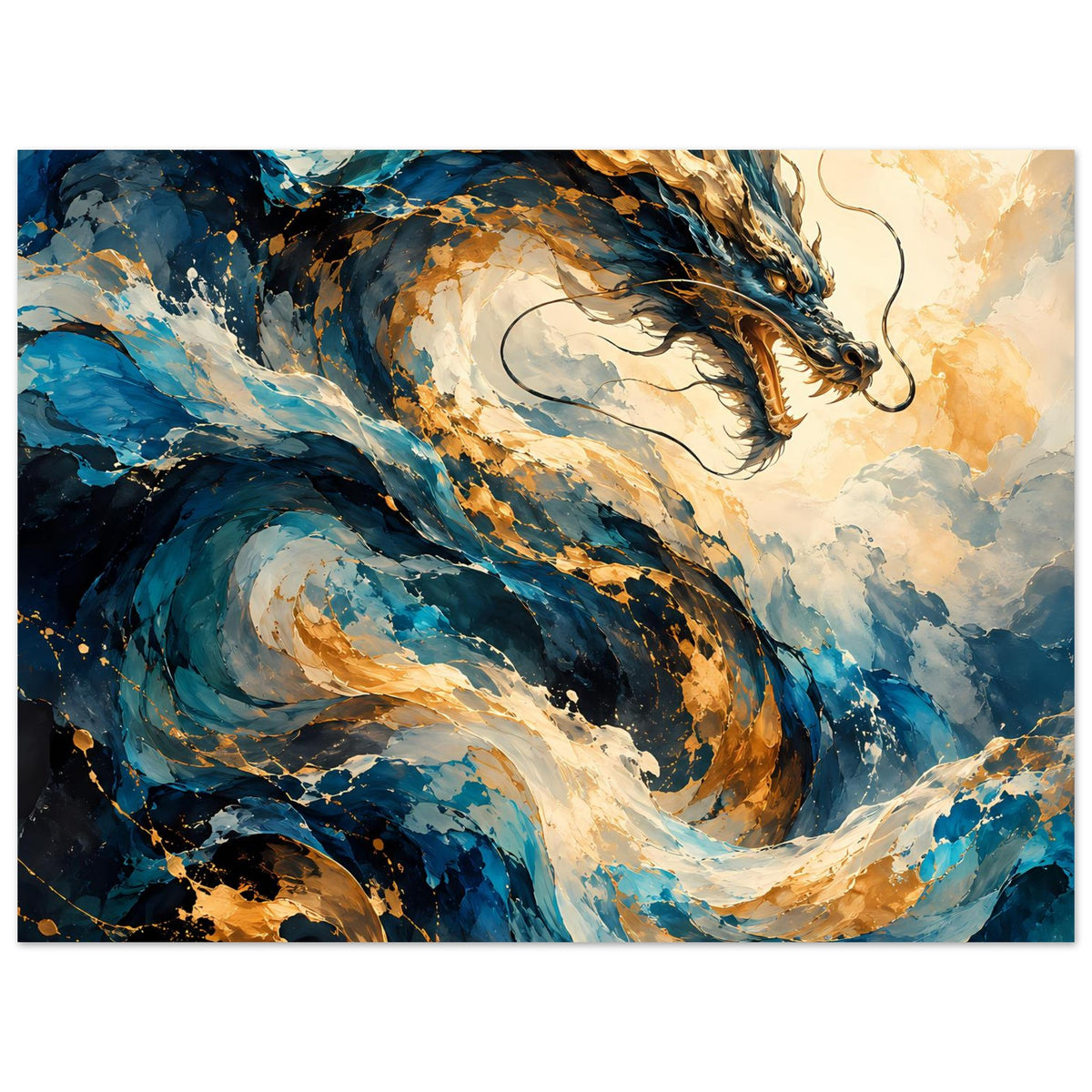 Drachen-Fantasyposter, Nahansicht: blau-goldener Drachenkopf mit Krallen und Mähne