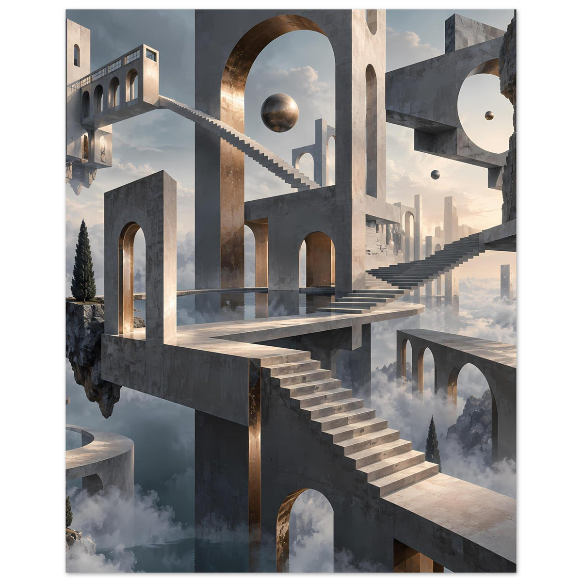 Architekturposter im Hochformat: Treppen und Torbögen, goldener Lichtschein sowie schwebende Kugel