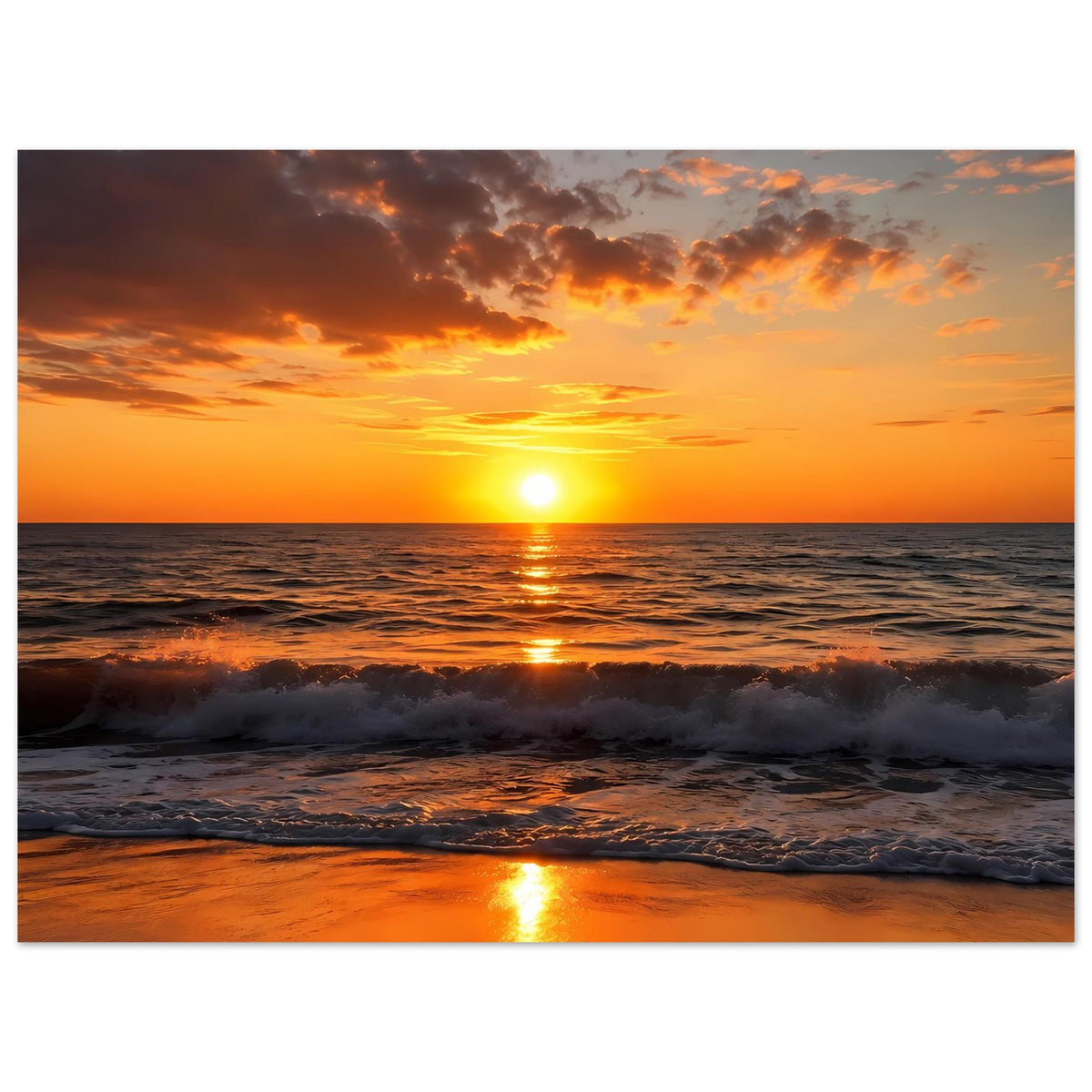 Querformat-Poster mit Sonnenuntergang über dem Meer, helle Sonne am Horizont