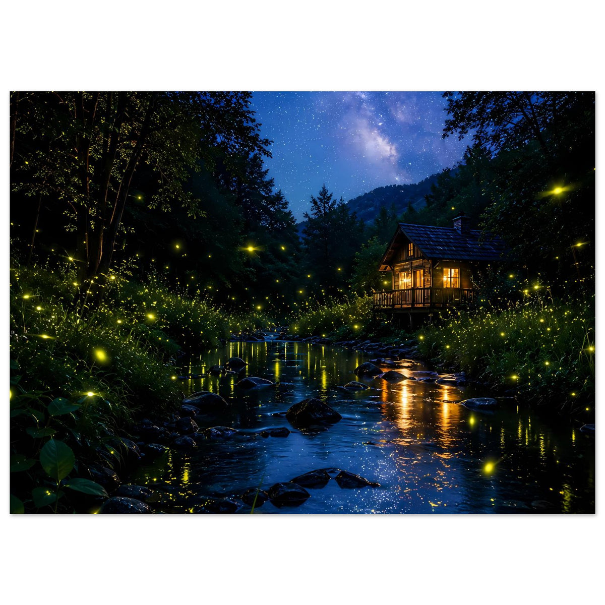 Horizontales Poster: Bach bei Nacht, beleuchtete Hütte und gelbe Glühwürmchen