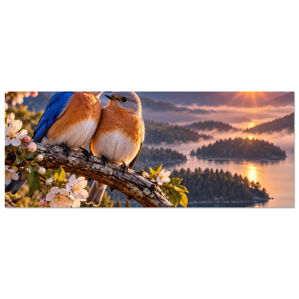 Horizontales Poster mit zwei Vögeln auf Ast, Blütenrahmen links, Sonnenuntergang am See