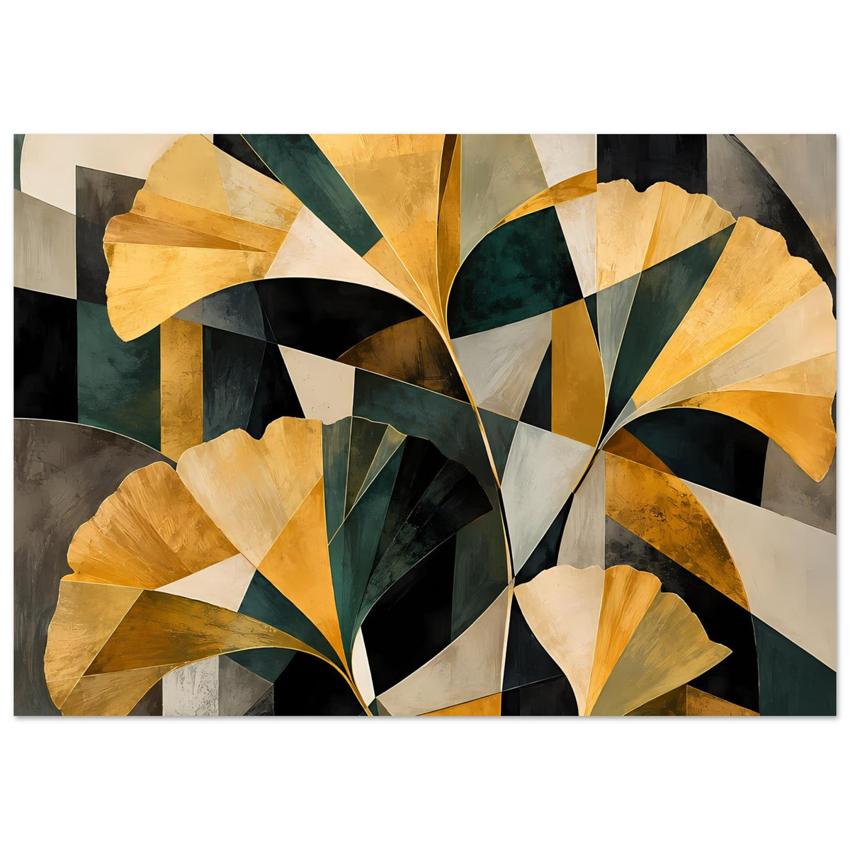 Abstraktes Blumenposter mit goldenen und tiefgrünen Blütenformen, geometrisch, Querformat