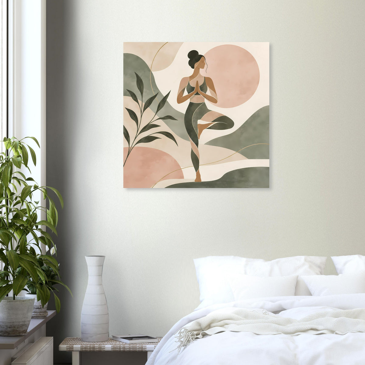 Abstraktes Yoga-Poster mit Figur in Salbeigrün und Rosé