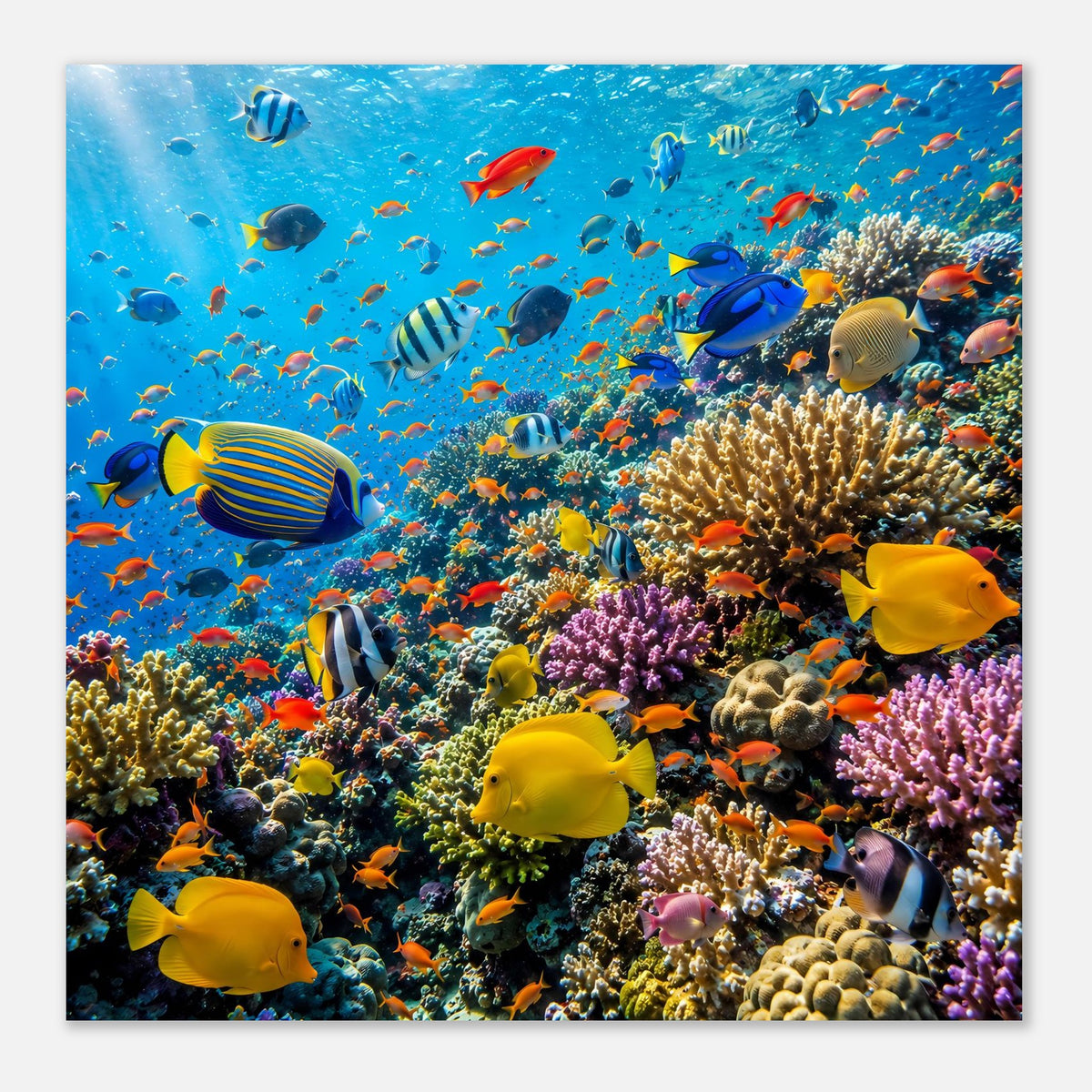 Quadratisches Poster mit Korallenriff und tropischen Fischen, gelbe Fische vorn.