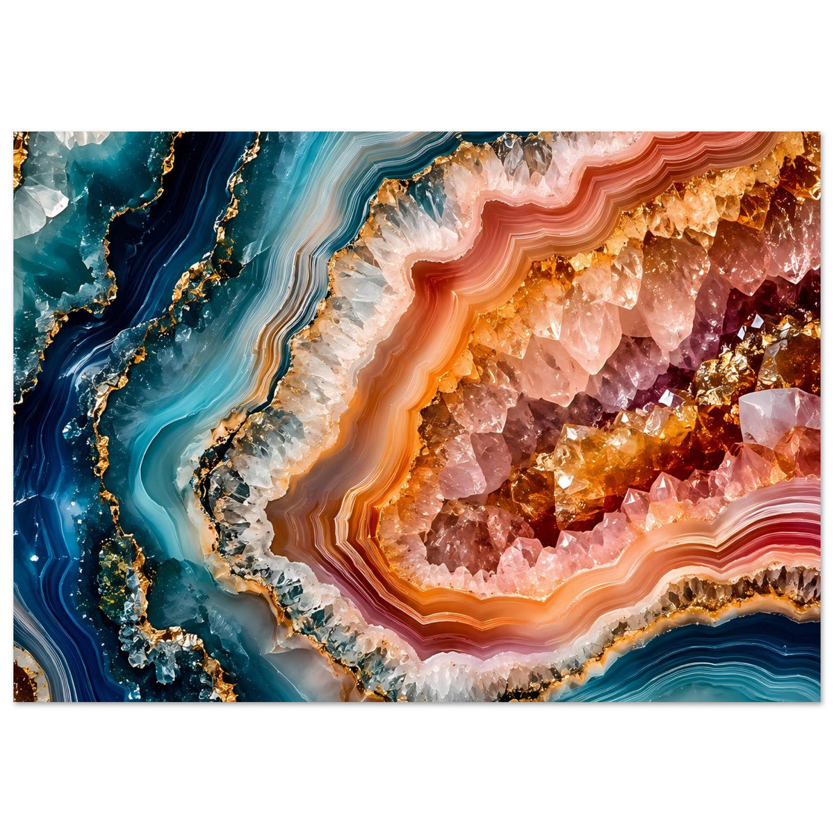Poster mit abstrakter Geoden-Kristallkunst: blaue und orange Kristallhöhle, goldene Ränder