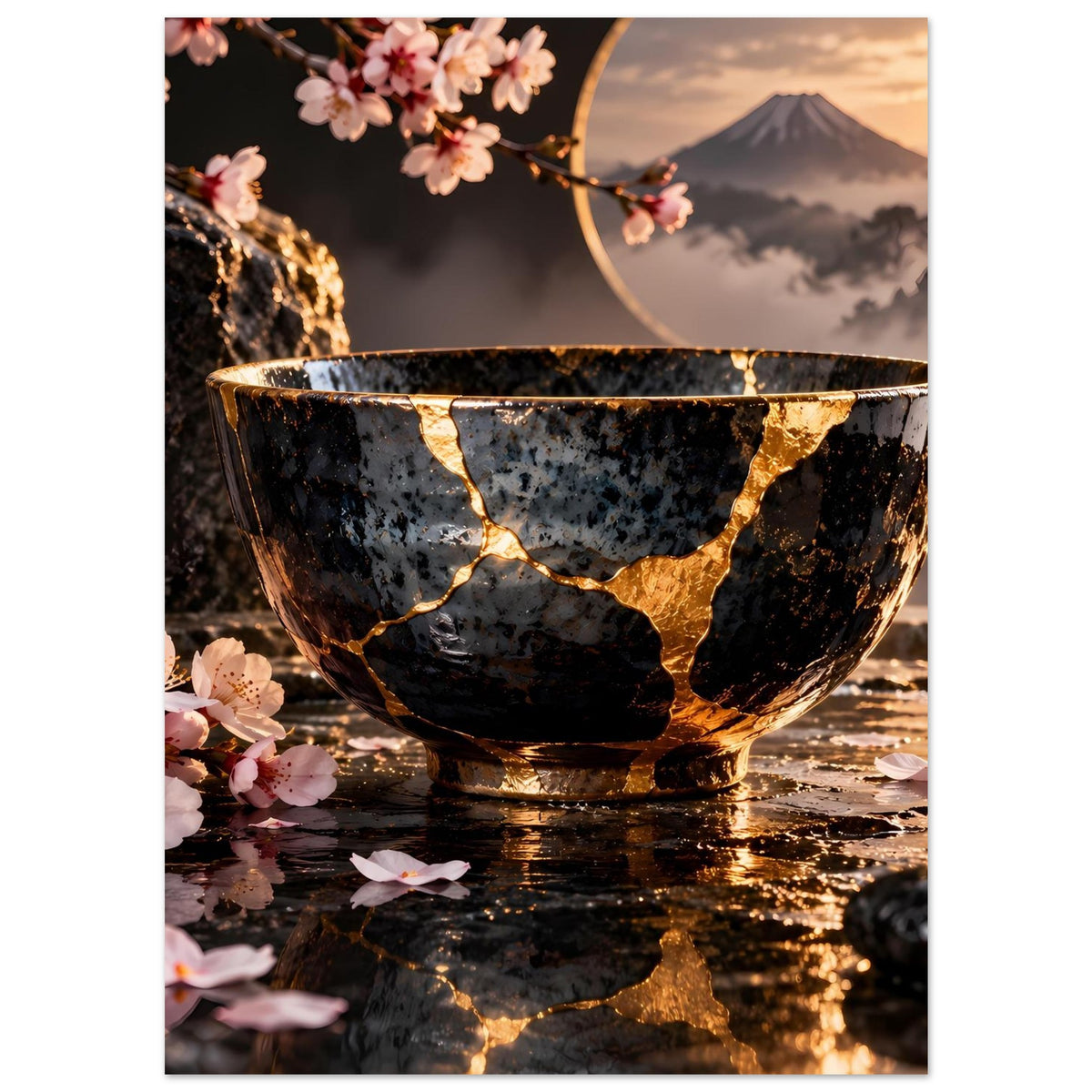 Kintsugi-Elegance-Poster: schwarze Schale mit goldenen Risslinien und Kirschblüten