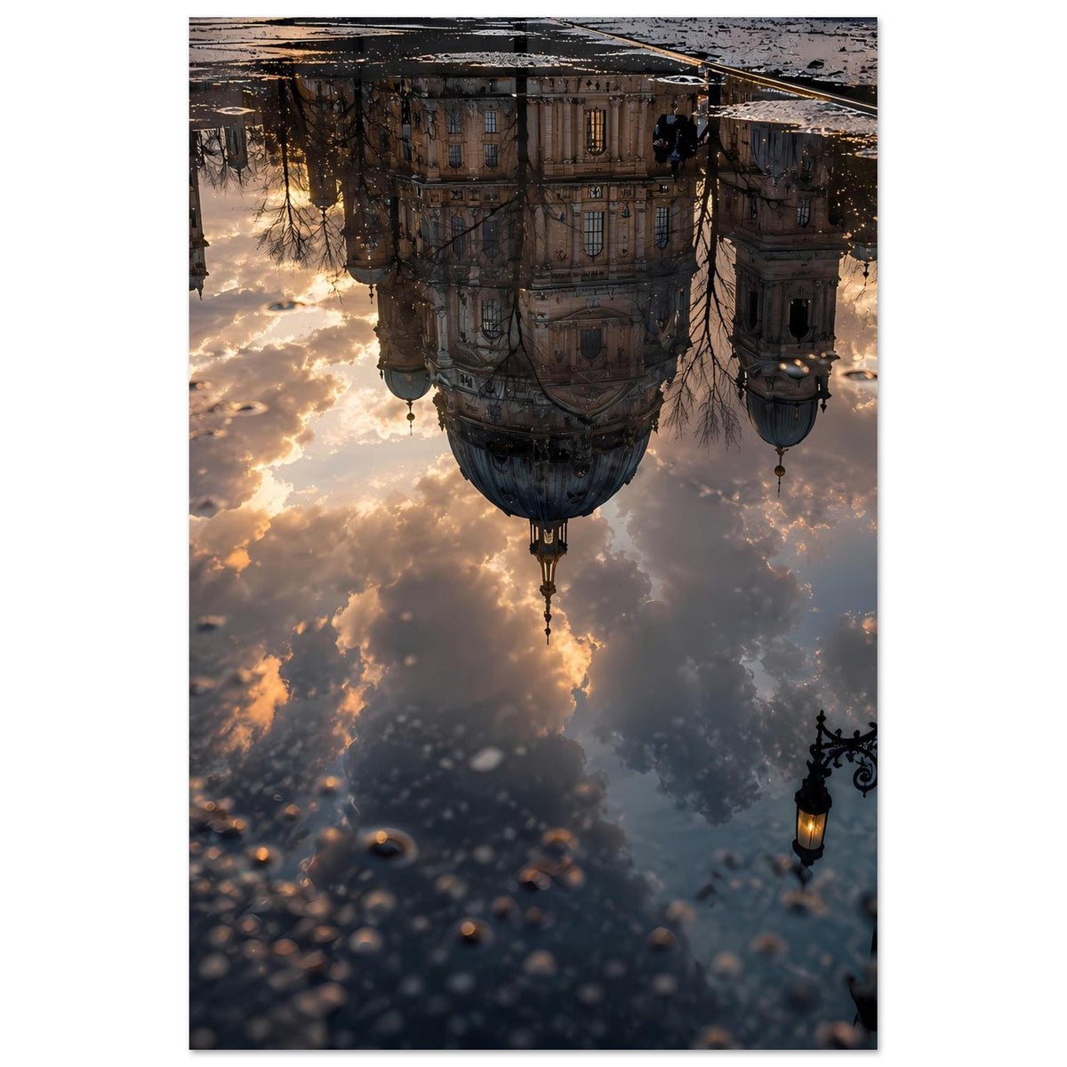 Hochformat-Poster mit barocker Architektur, Wolken und warm leuchtenden Laternen