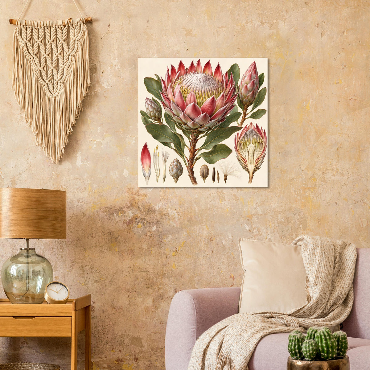 Quadratisches Poster mit Protea-Blüte, Blättern und Samen, Rot, Rosa, Grün