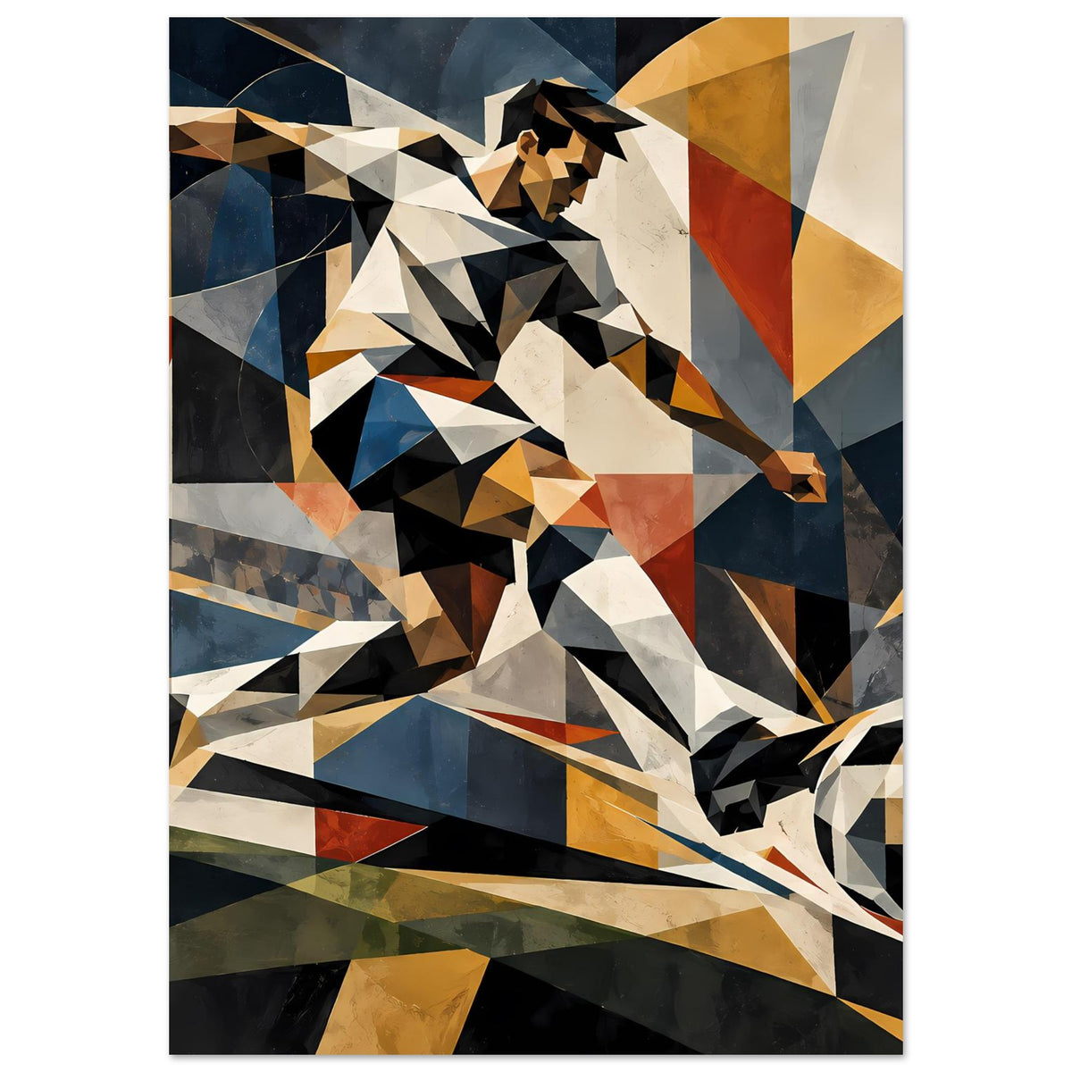 Hochkant-Poster mit geometrischem Fußballspieler, dynamische Körperhaltung, Ball angedeutet